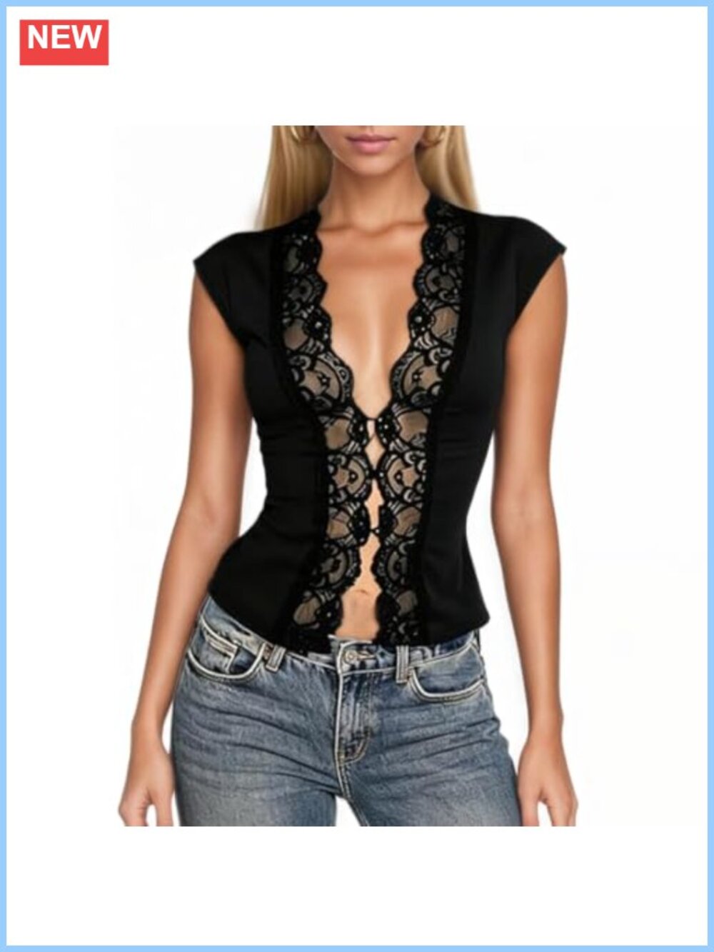 Women's Lace Trim Sleeveless V Neck Button Crop Top Blouse